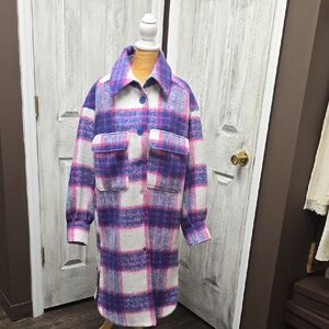 Stylish Plaid Utility Jacket in Pink and Blue